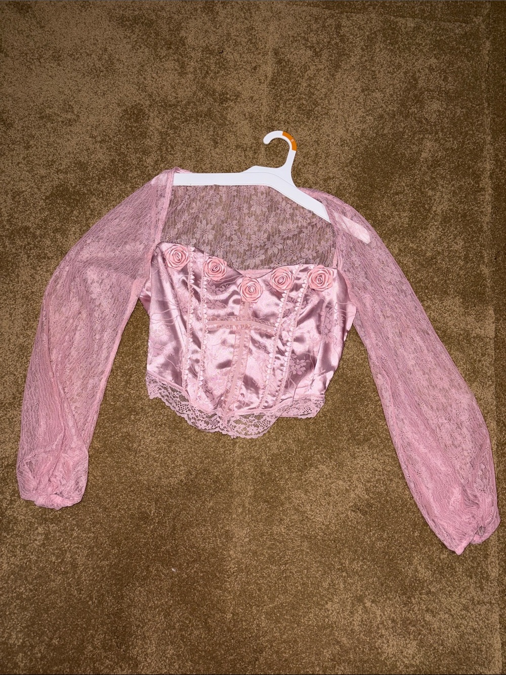 ROMWE Pink Satin Corset Top with Lace Sleeves